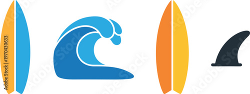 A collection of surfboard icons and a fin on a white background