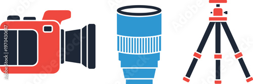 A graphic illustration of photography equipment including a camera and tripod