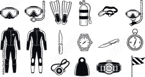A collection of scuba diving equipment and accessories on a plain background