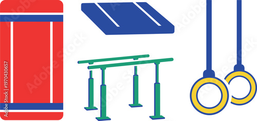 A colorful illustration of various gym equipment for exercise and fitness