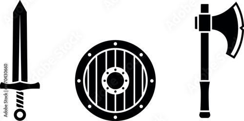 A collection of medieval combat weapons and shield on a white background