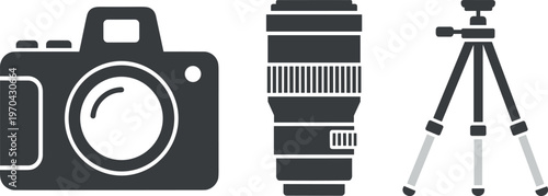 A graphic illustration of photography equipment including a camera and tripod