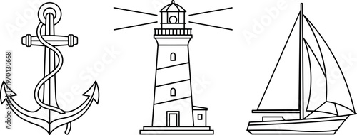 Nautical icons including an anchor a lighthouse and a sailboat in line art