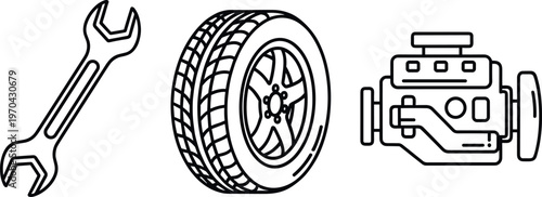 A set of tools and car parts for automotive repair and maintenance