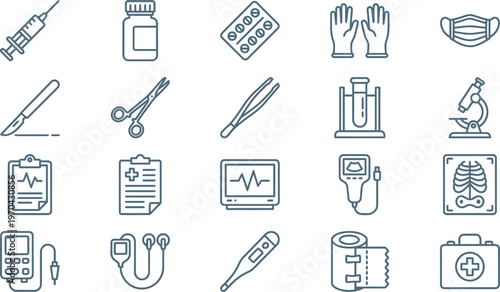 Medical icons including syringe, pills, gloves, and diagnostic tools for healthcare professionals and first aid.