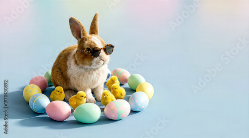 Modern Easter illustration with a cute bunny in sunglasses sitting among flowers and painted eggs, accompanied by baby chicks, bright palette and soft studio lighting.