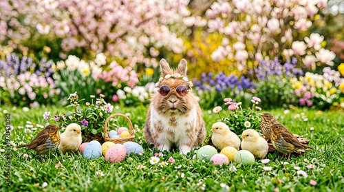 Cute Easter bunny wearing stylish sunglasses sitting in a colorful spring flower field, surrounded by decorated eggs and fluffy yellow chicks, playful modern