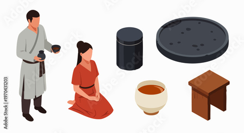 Isometric Vector Illustration of Traditional Asian Tea Ceremony with People in Cultural Attire, Teaware, and Accessories on White Background.