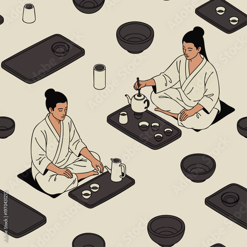 Seamless isometric pattern of traditional tea ceremony with people in robes, illustrating East Asian cultural ritual and tranquil beverage preparation.
