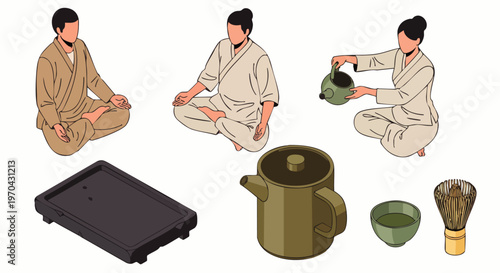 Isometric illustration of a traditional Japanese tea ceremony with people in kimonos, preparing and enjoying matcha, showcasing cultural ritual and hospitality.