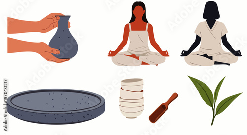 Vector illustration set of traditional tea ceremony components and meditation elements, promoting mindfulness, wellness, and inner peace.
