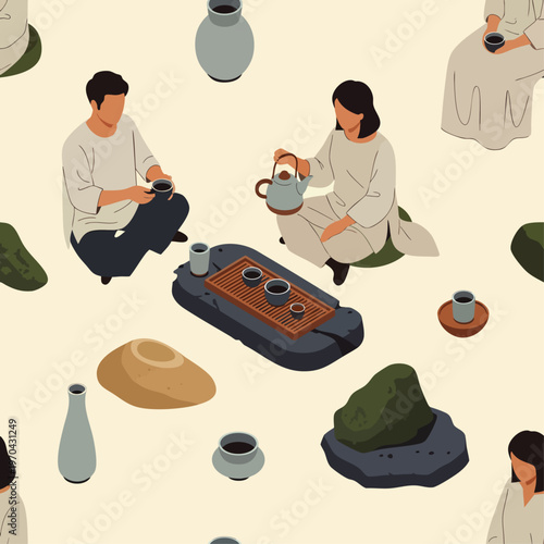 Seamless pattern: serene Asian tea ceremony. People enjoying traditional tea ritual with teaware, vases, and natural elements. Perfect for cultural backgrounds.