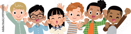 様々な国と人種の6人の元気な子どもたちの上半身