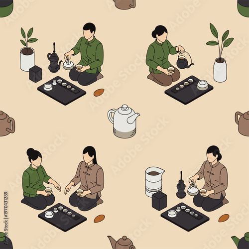 Traditional Asian tea ceremony isometric seamless pattern. People in cultural attire engage in mindful tea preparation with various teaware on beige background.