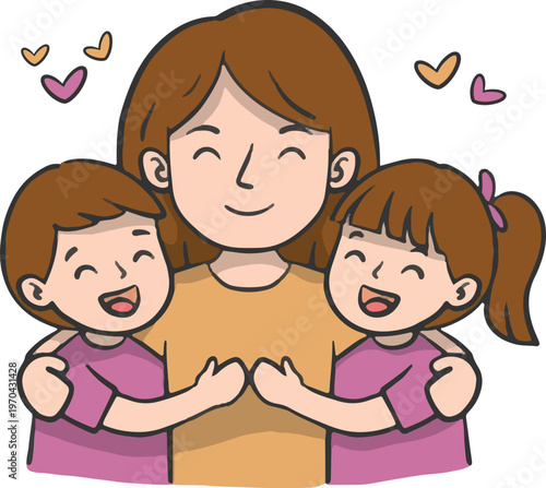 Hand drawn happy family portrait, mom hugging son and daughter, motherhood love vector illustration