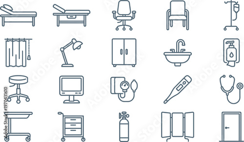 Minimalist hospital icons set including beds, chairs, medical equipment, and furniture for healthcare design