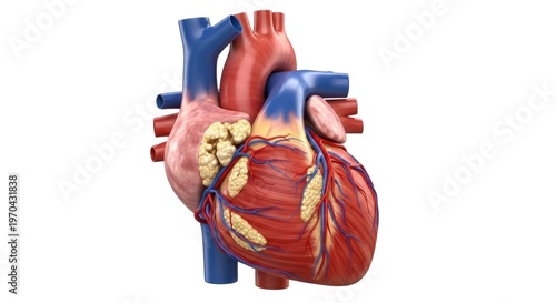 Detailed human heart anatomy, visualizing cardiovascular health, disease progression, and critical support systems, crucial for medical understanding and prevention strategies