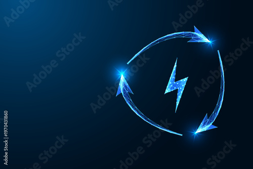 Circular energy flow concept with lightning bolt and rotating arrows symbol on dark blue background