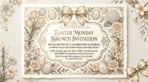 Easter monday brunch invitation card with floral design and ribbons on cream background