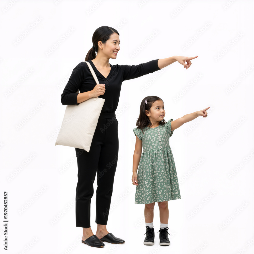 Fototapeta premium Guided Discovery: A Mother and Daughter Point in Synchronized Wonder—She in Modern Black Attire, He in Green Floral Dress—Capturing Intergenerational Curiosity, Mentorship, and Shared Joy in Pristine 