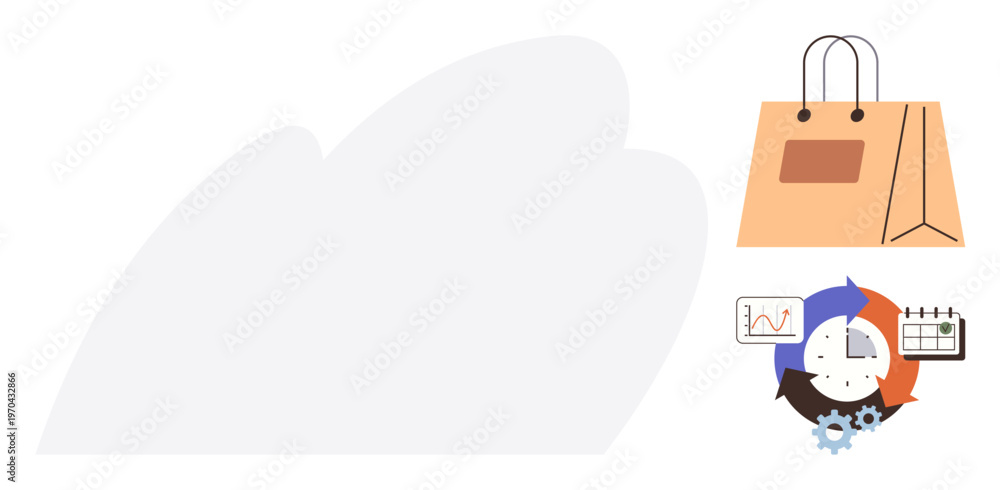 Fototapeta premium E-commerce, business analytics, marketing strategies, online shopping, sales optimization, workflow management. A shopping bag and charts with gears and timelines. E-commerce and business analytics