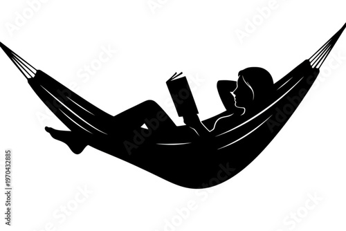 Serenity in Repose: A silhouetted figure finds solace and relaxation, engrossed in a good book while lounging in a hammock. The scene captures the tranquility and pleasure of unwinding.