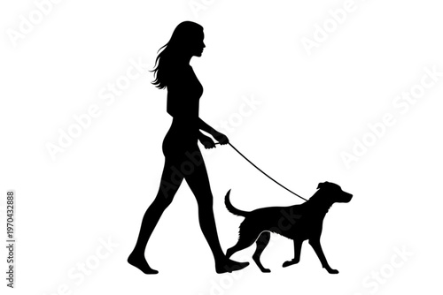 Silhouette Stroll: A sleek silhouette of a woman and her dog enjoy a walk, symbolizing companionship and outdoor wellness.