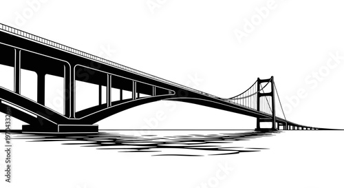 Long black and white vector illustration of a majestic suspension bridge spanning across water, showcasing architectural engineering and travel.