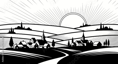 Serene black and white graphic illustration of a rural village and countryside with houses, churches, rolling hills, and a radiant sunrise.