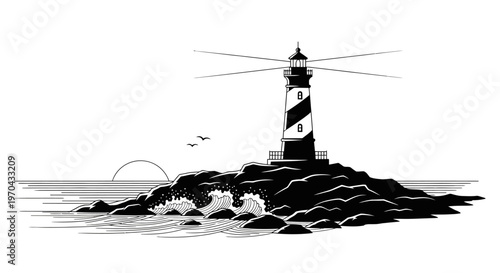 Classic Lighthouse on Rocky Island with Crashing Ocean Waves at Sunset or Sunrise, Black and White Graphic Illustration