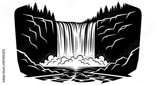 Bold black and white vector illustration of a powerful waterfall cascading over a cliff, surrounded by a serene forest landscape.