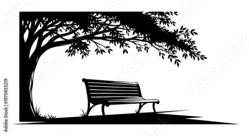 Black silhouette vector illustration of a park bench under a large tree, casting shade on the ground, representing peace and nature.