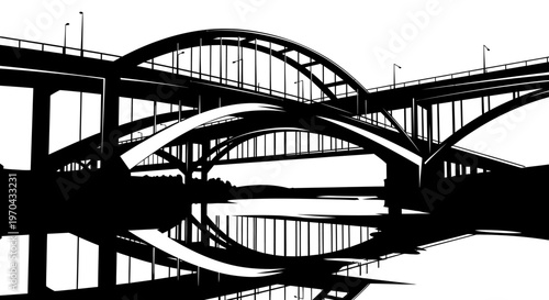 Modern black and white silhouette of multiple arch bridges reflecting in water, showcasing urban infrastructure and engineering design.