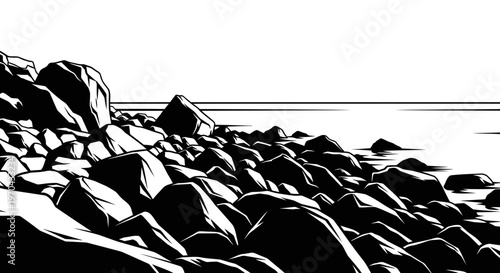 Monochrome illustration of a rocky coastline with large boulders by the calm sea, black and white graphic art.
