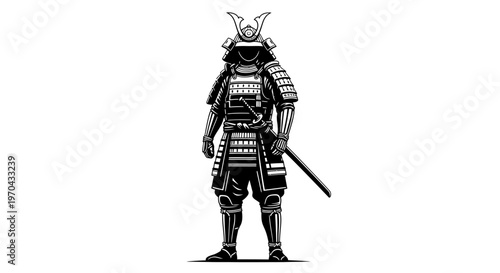 Full length vector illustration of a powerful Japanese warrior in traditional armor suit with a katana, standing vigilantly.