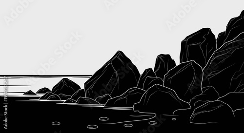 Black and white vector illustration of a rugged rocky coastline with ocean water, a minimalistic nature landscape.
