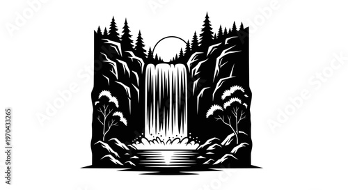 Serene waterfall cascade vector illustration in a natural forest landscape with pine trees, rocks, and moon or sun, black and white graphic.