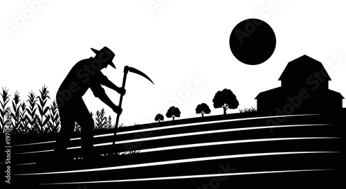 Silhouette of a farmer with a scythe working in a rural field, agricultural landscape with barn and crops at dawn or dusk.