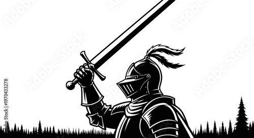 Powerful medieval knight in full plate armor holding a sword aloft, symbolizing victory, strength, and triumph in battle. Black and white illustration.