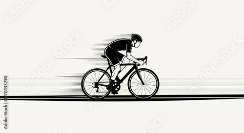 Minimalist black and white illustration of a fast cyclist on a road bike in dynamic motion. Graphic design of speed and sport.