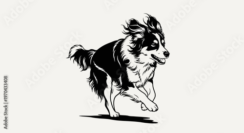 Dynamic black and white illustration of a happy, energetic dog running with excitement. Playful pet animal vector graphic.
