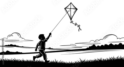 Black and white silhouette illustration of a joyful child flying a kite in an expansive outdoor field, symbolizing freedom and childhood fun.