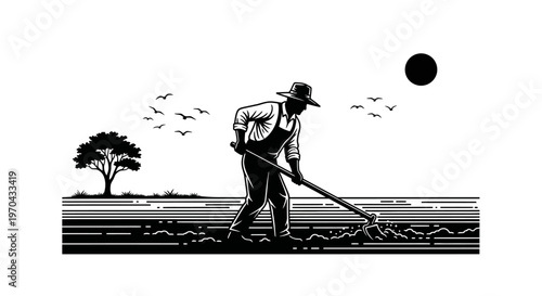 Vintage style illustration of a farmer working the soil with a hoe in a field under the sun, depicting traditional agricultural labor.