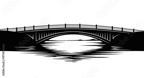 Monochrome illustration of an elegant arched bridge crossing water with clear reflections, a timeless architectural structure symbolizing connection.