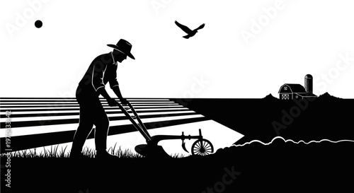 Black and white silhouette of a farmer plowing a field with a hand plow, illustrating traditional agriculture and rural farming life.