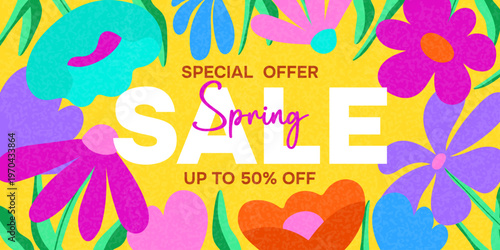 Spring sale banner with bright flowers on a yellow background. Promotional graphic design for a seasonal discount promotion. Creative illustration of floral plants for retail.