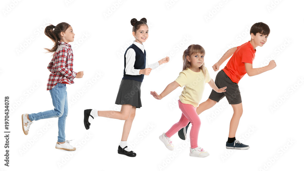 Obraz premium Cute active children running on white background
