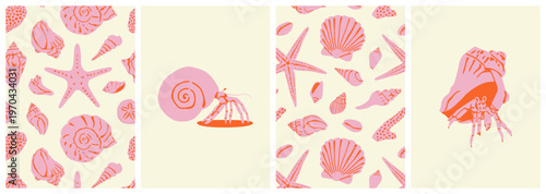  Set of diverse sea shell, aquatic life animals in flat cartoon style. Isolated marine seashell, star fish and more exotic wildlife. Summer vacation print collection, tropical beach shells.