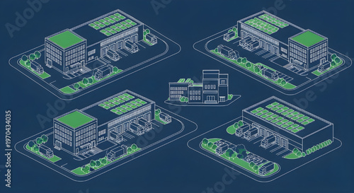 Solar Logistics Hub AutoCAD Blueprint Vector – Delivery Outlet Head Office Industrial Facility Multi View Technical Drawing White Outline on Dark Blue