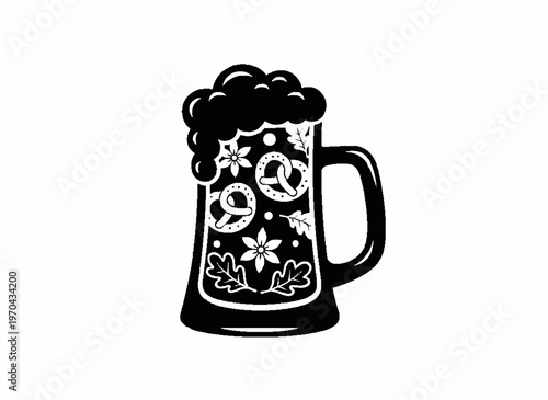 Oktoberfest Mug with Decoration: An illustration of a black and white decorated beer mug, overflowing with foamy beer. It evokes the spirit of a celebration and conviviality. 